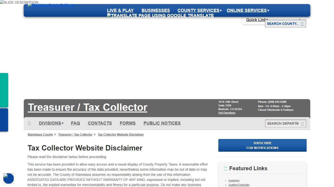 Tax Collector Website Disclaimer - Treasurer / Tax Collector - Stanislaus County